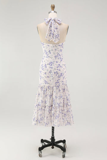 Blå Blommig Halter En linje Volang Midi Brudtärna Klänning